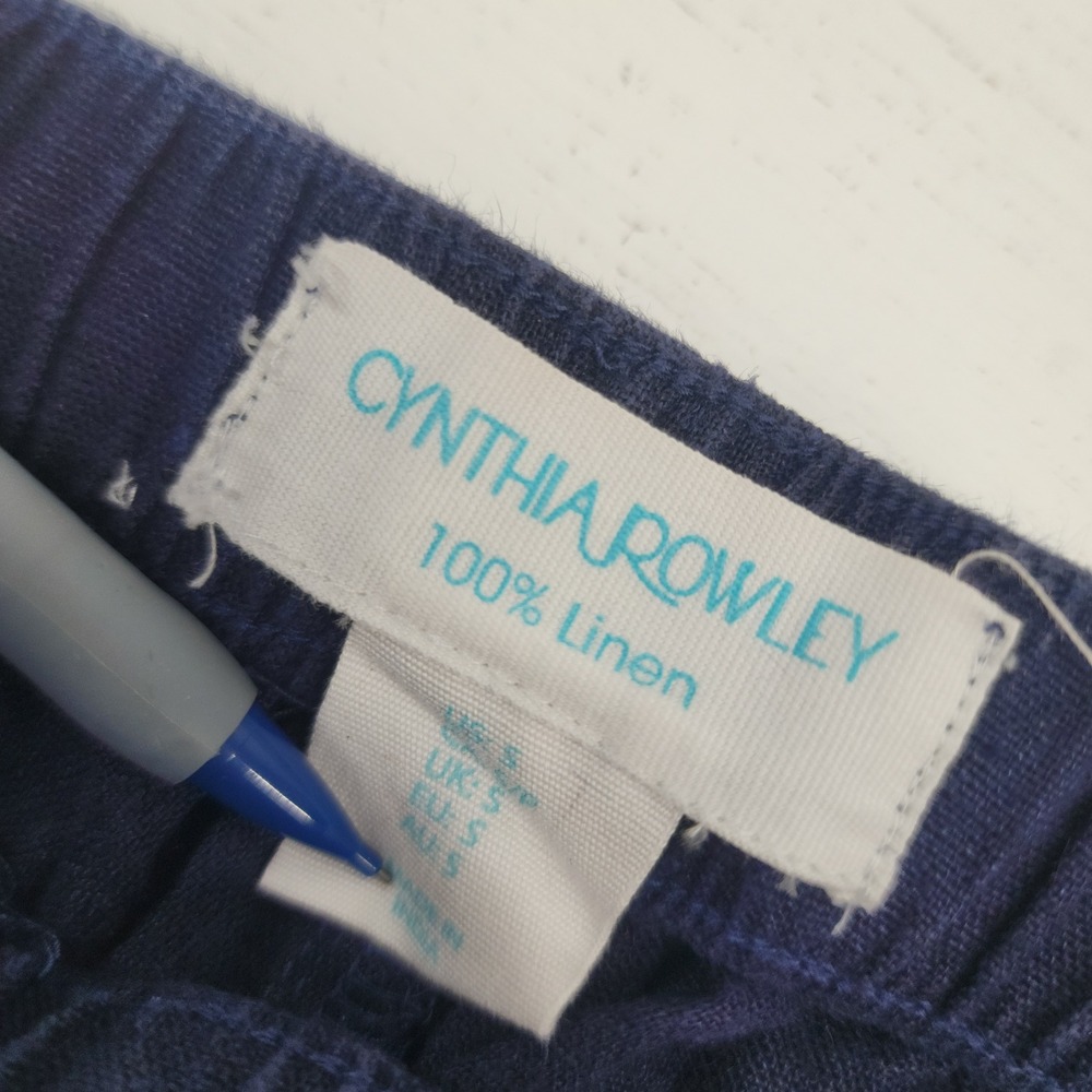 Cynthia Rowley Small | Navy Blue 100% Linen Lace Hem Cropped Pants Coastal - Picture 6 of 6